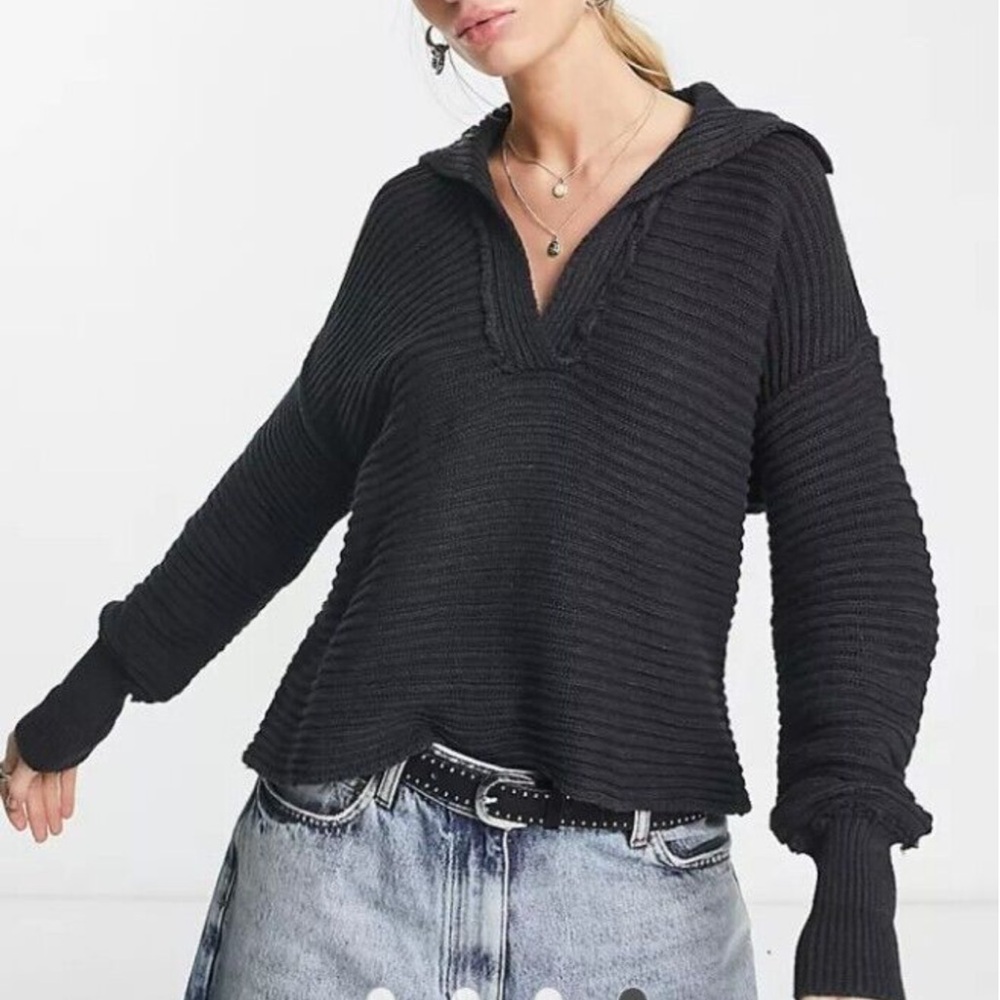 Free People Marlie deep v ribbed sweater in black